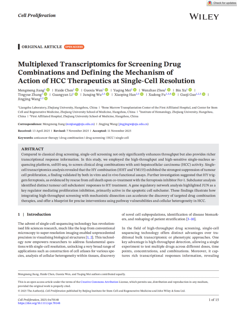 Multiplexed Transcriptomics for Screening Drug  Combinations and Defining the Mechanism of  Action of HCC Therapeutics at Single-Cell Resolution