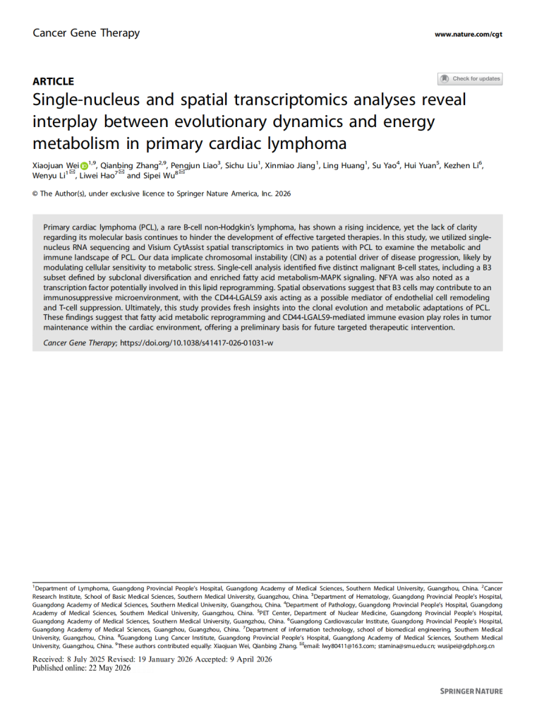 Single-nucleus and spatial transcriptomics analyses reveal interplay between evolutionary dynamics and energy metabolism in primary cardiac lymphoma