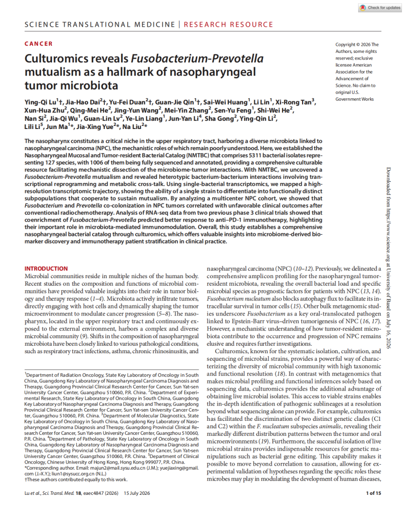 Culturomics reveals <em>Fusobacterium-Prevotella</em> mutualism as a hallmark of nasopharyngeal tumor microbiota