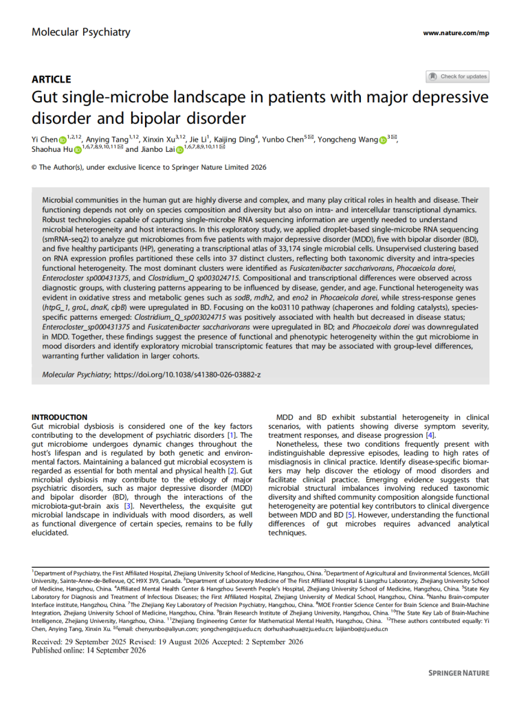 Gut single-microbe landscape in patients with major depressive disorder and bipolar disorder